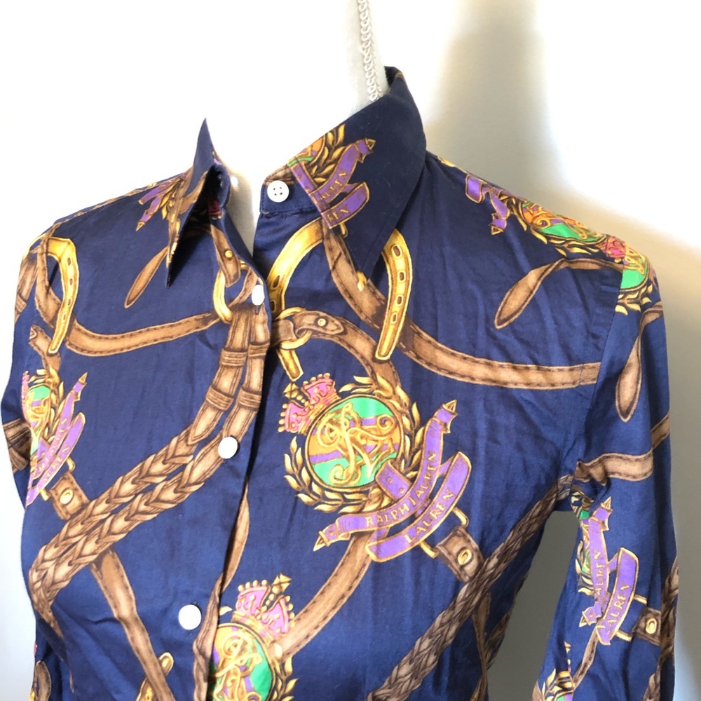 Lauren Ralph Lauren Navy Button-Down Shirt with Gold & Purple Crest Print